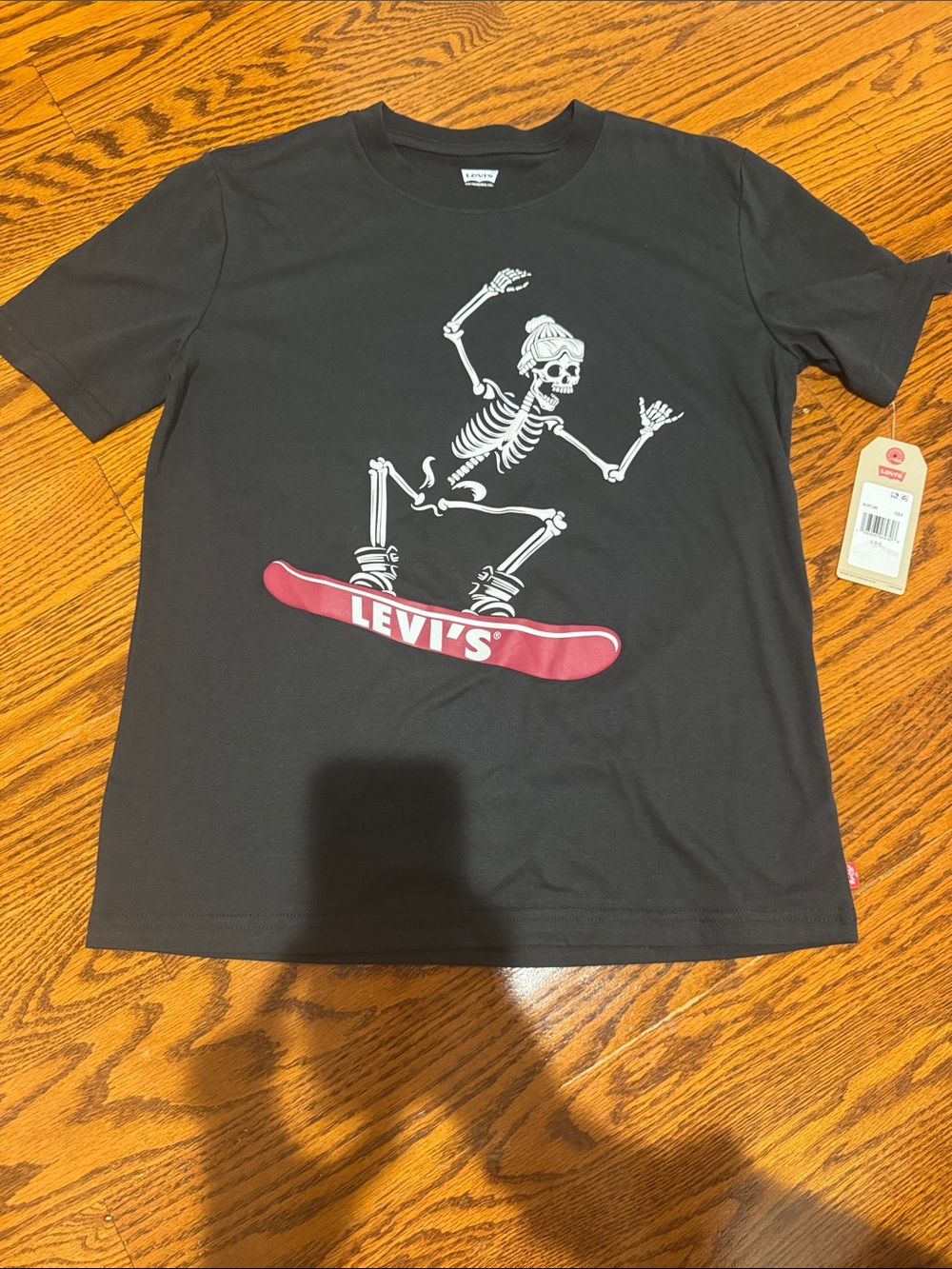 Levi's Black Tee with White Skeleton and Red Skateboard Graphic